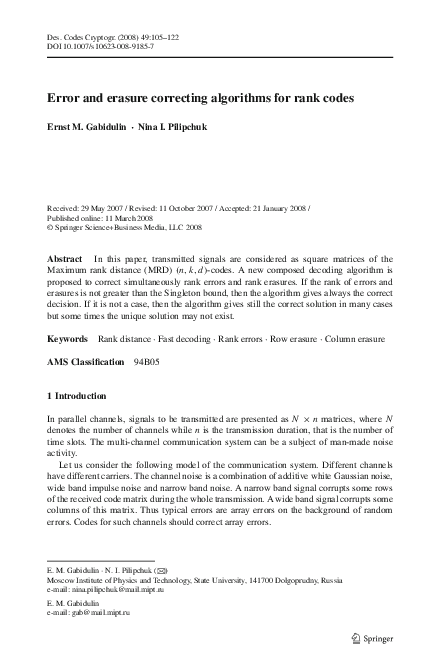 (PDF) Error and erasure correcting algorithms for rank codes