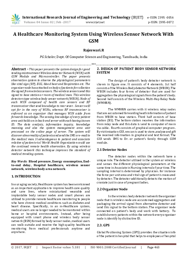 (PDF) IRJETA Healthcare Monitoring System Using Wireless Sensor