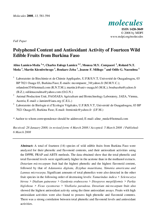 (PDF) Polyphenol Content and Antioxidant Activity of Fourteen Wild ...