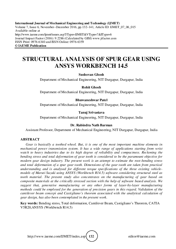 (PDF) STRUCTURAL ANALYSIS OF SPUR GEAR USING ANSYS WORKBENCH 14.5 IAEME Publication Academia.edu