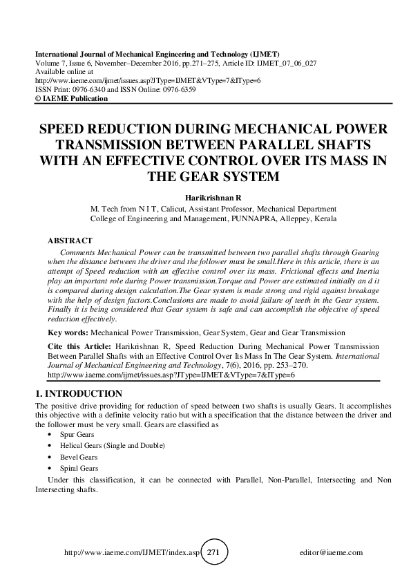 (PDF) SPEED REDUCTION DURING MECHANICAL POWER TRANSMISSION BETWEEN PARALLEL SHAFTS WITH AN
