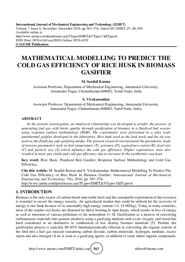 (PDF) MATHEMATICAL MODELLING TO PREDICT THE COLD GAS EFFICIENCY OF RICE ...