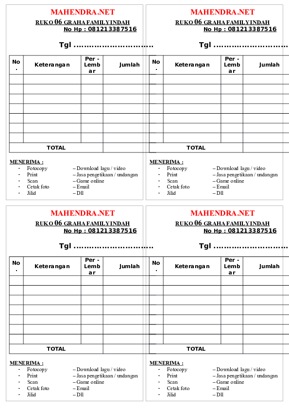 Kwitansi Kosong Doc / Nota Fotocopy Doc Guru Galeri Nah