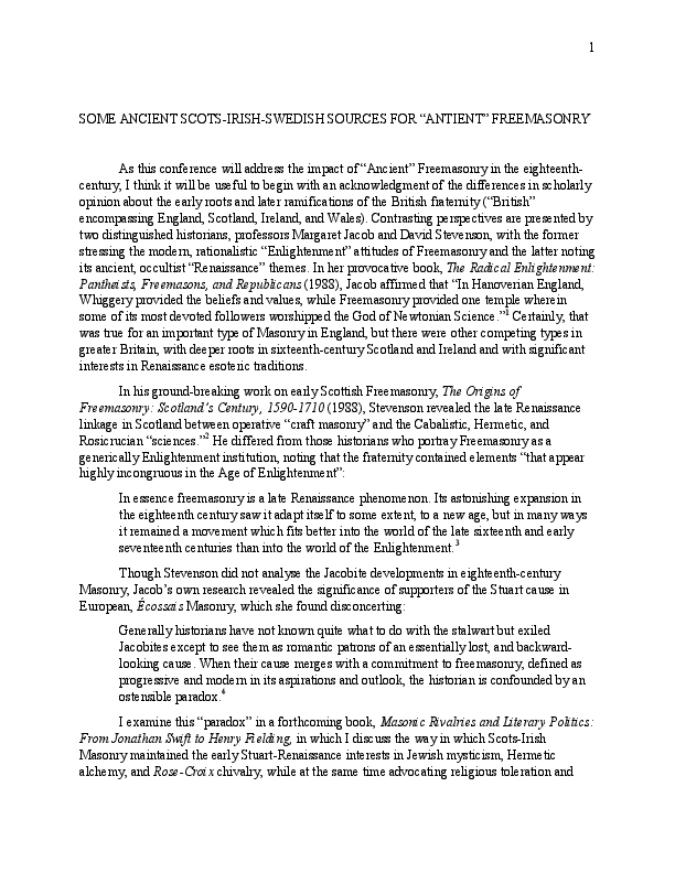 SOME ANCIENT SCOTS-IRISH-SWEDISH SOURCES FOR “ANTIENT” FREEMASONRY