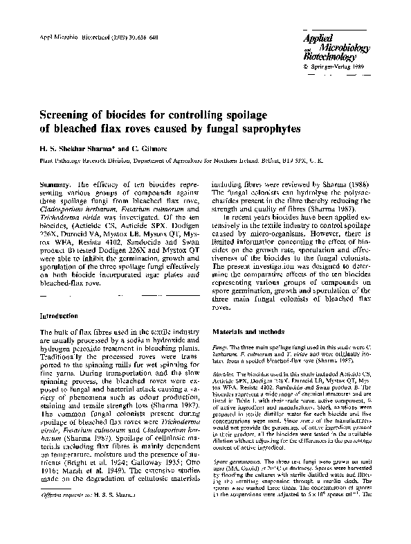 (PDF) Screening of biocides for controlling spoilage of bleached flax ...