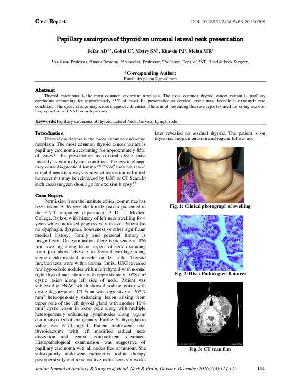 (PDF) Papillary carcinpma of thyroid-an unusual lateral neck presentation