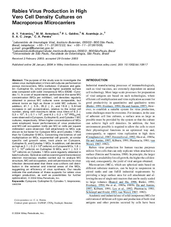 (PDF) Rabies virus production in high vero cell density cultures on ...