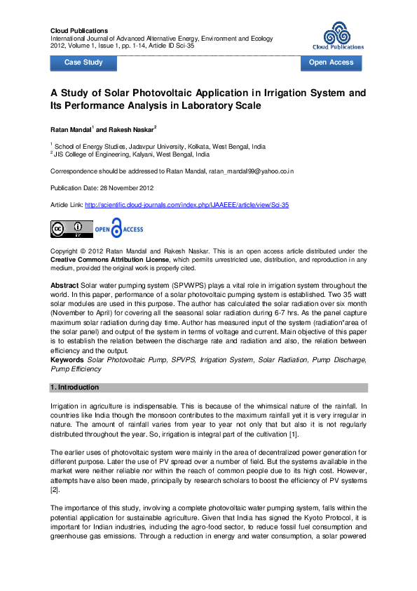(PDF) A Study of Solar Photovoltaic Application in Irrigation System ...