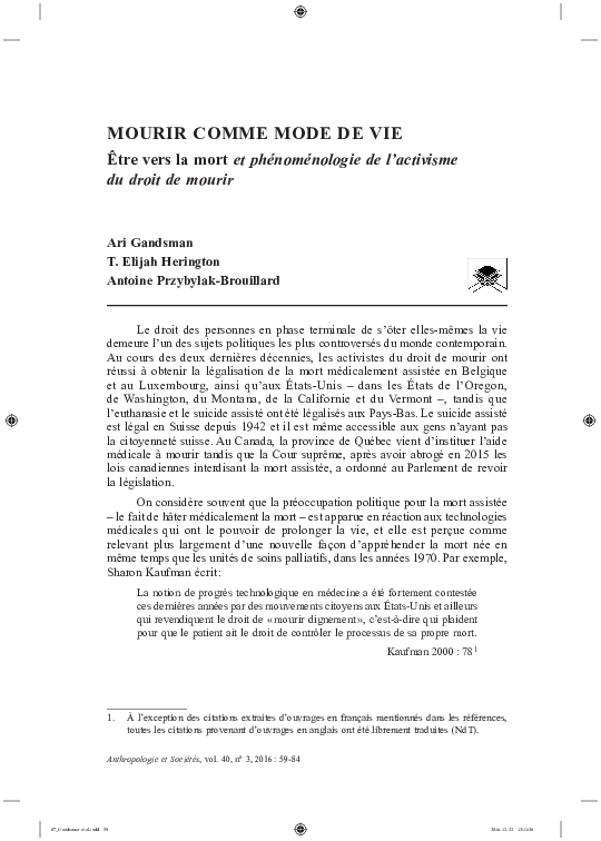 (PDF) MOURIR COMME MODE DE VIE Être vers la mort et phénoménologie de