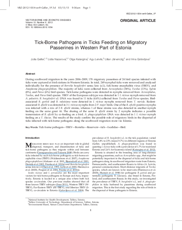 (PDF) Tick-Borne Pathogens in Ticks Feeding on Migratory Passerines in ...