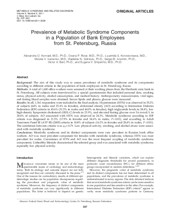 (PDF) Prevalence of Metabolic Syndrome Components in a Population of ...