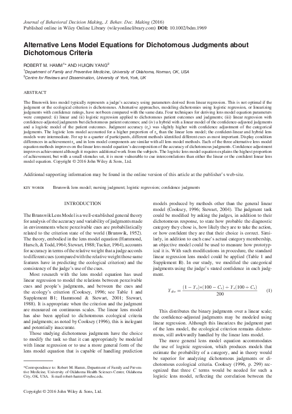 (PDF) Alternative Lens Model Equations for Dichotomous Judgments about ...