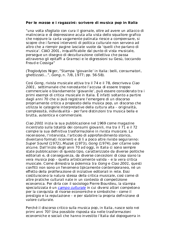 (DOC) Per le masse e i ragazzini scrivere di musica pop in Italia