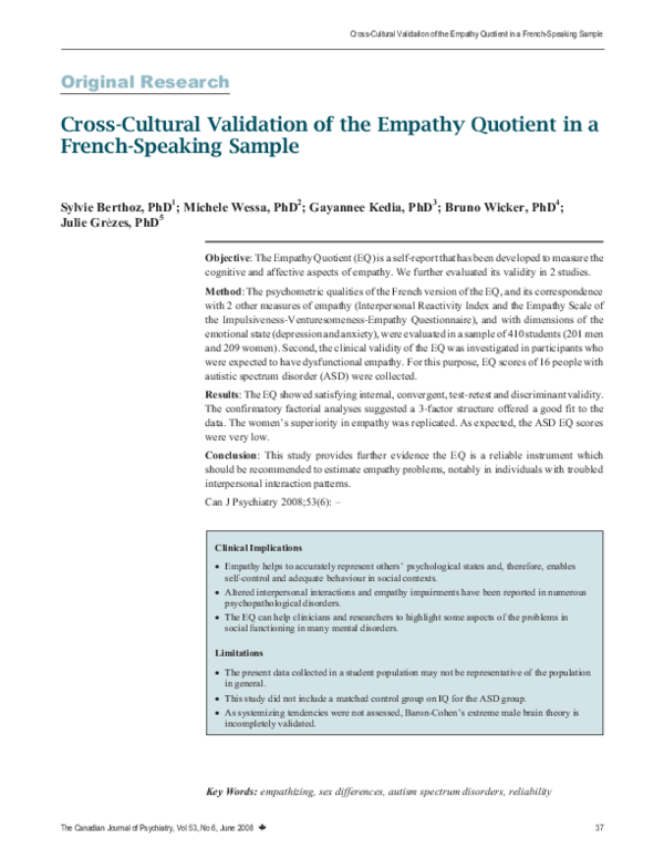(PDF) Cross-cultural validation of the empathy quotient in a French ...