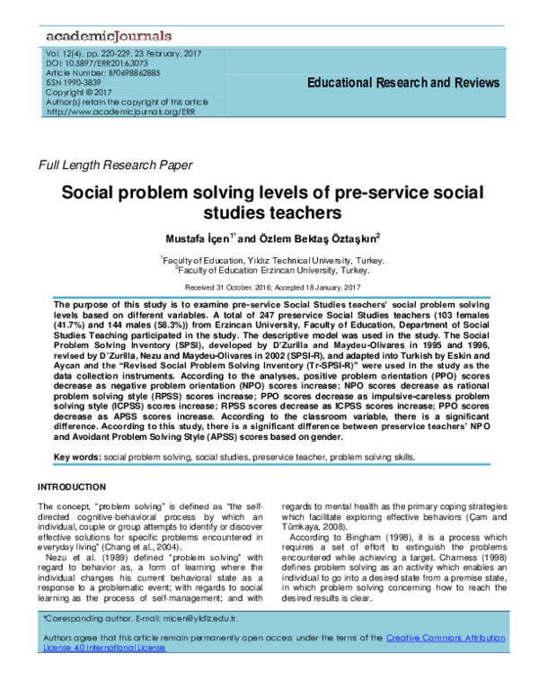 (PDF) Social problem solving levels of pre-service social studies teachers