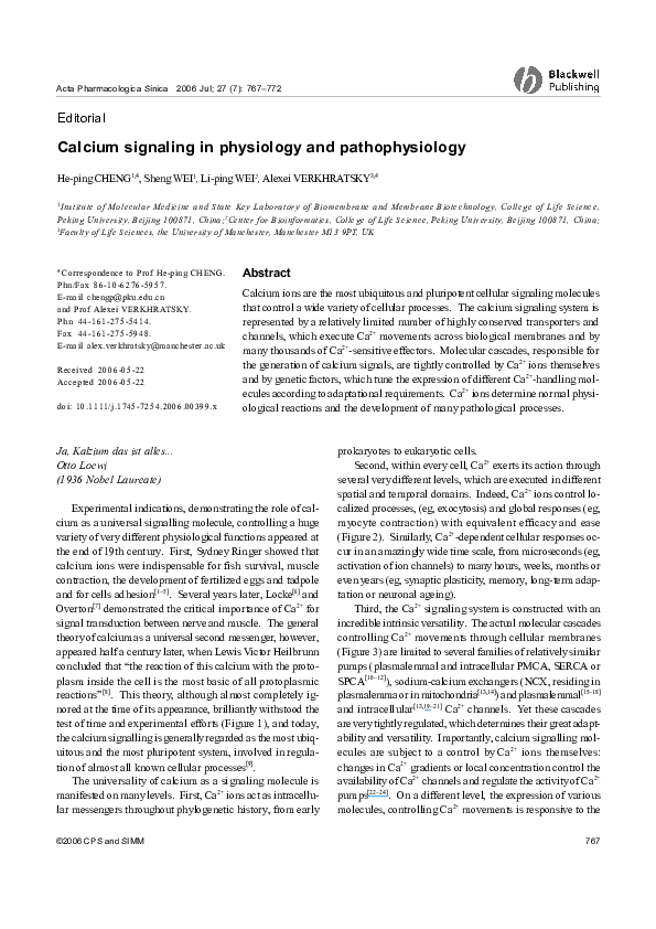 (PDF) Calcium signaling in physiology and pathophysiology