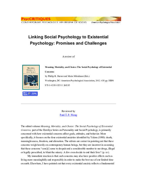 (PDF) Linking Social Psychology to Existential Psychology: Promises and ...
