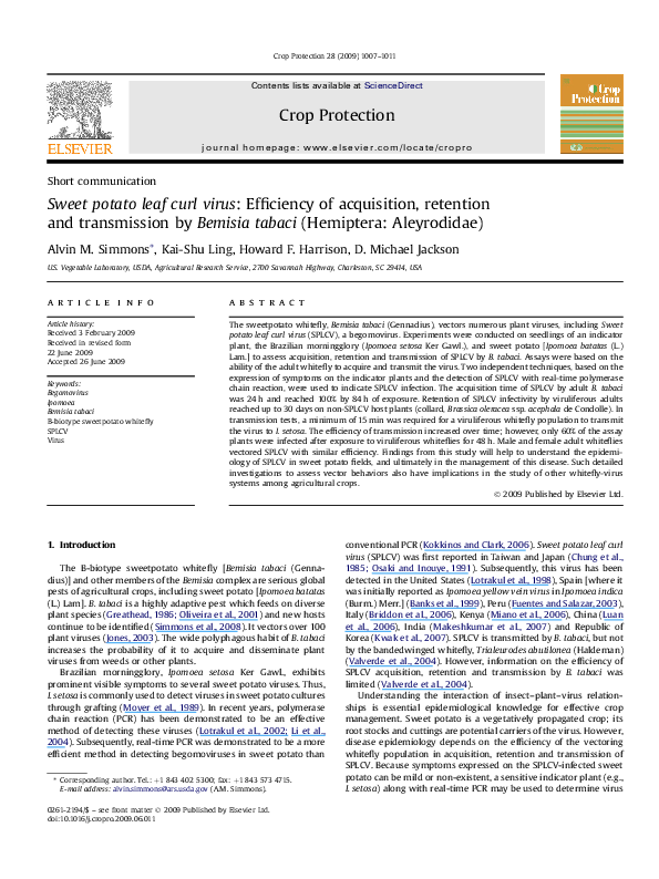 (PDF) Sweet potato leaf curl virus Efficiency of acquisition