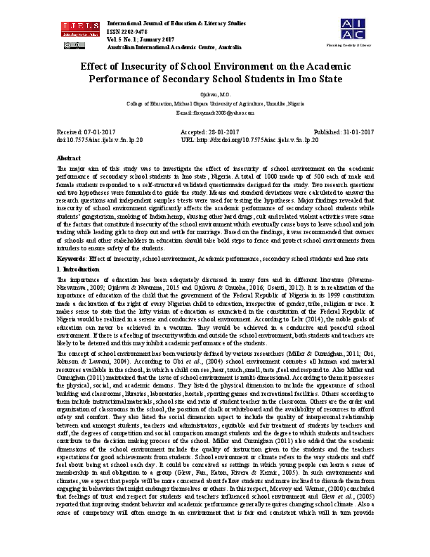 (PDF) Effect of Insecurity of School Environment on the Academic