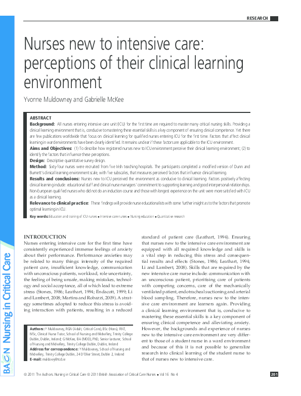 (PDF) Nurses new to intensive care: perceptions of their clinical ...