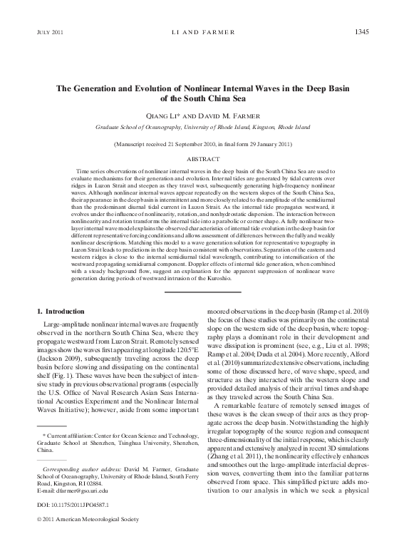 (PDF) The Generation and Evolution of Nonlinear Internal Waves in the ...