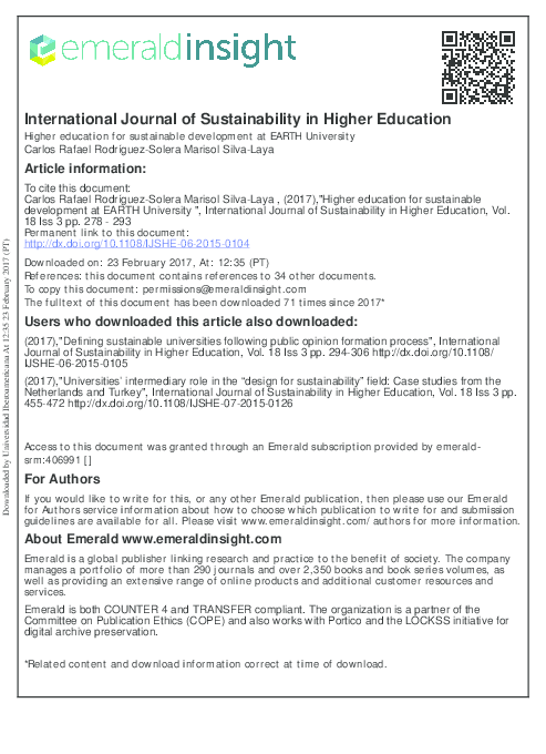 (PDF) Higher education for sustainable development at EARTH University