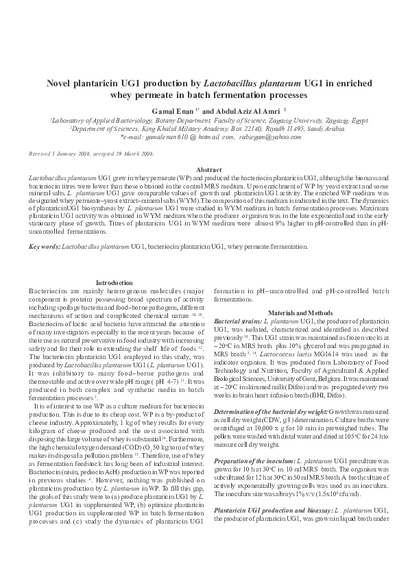 (PDF) Novel plantaricin UG1 production by Lactobacillus plantarum UG1 ...