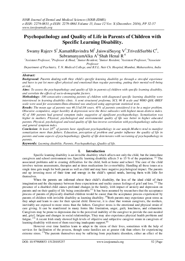 (PDF) Psychopathology and Quality of Life in Parents of Children with ...
