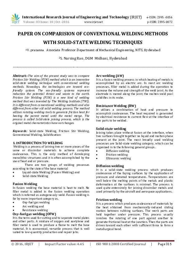(PDF) IRJETPAPER ON COMPARISION OF CONVENTIONAL WELDING METHODS WITH