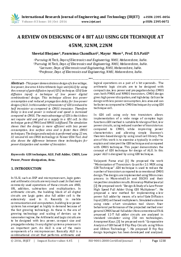 (PDF) IRJET-A REVIEW ON DESIGNING OF 4 BIT ALU USING GDI TECHNIQUE AT ...