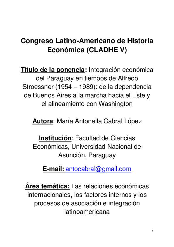 (PDF) Integración económica del Paraguay en tiempos de Alfredo