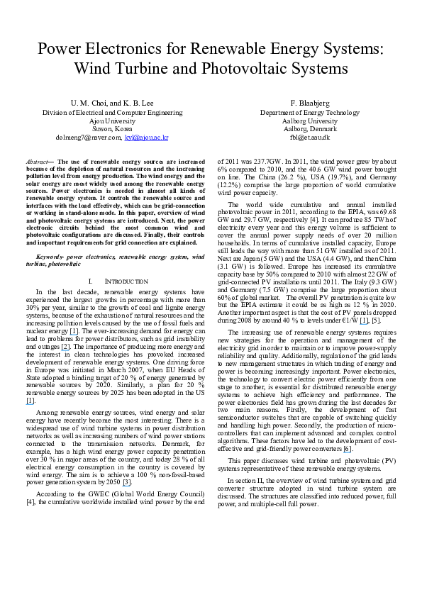 (PDF) Power Electronics for Renewable Energy Systems?? Status and