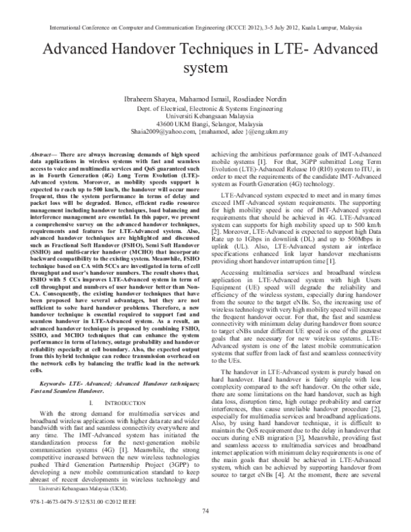 (PDF) Advanced Handover Techniques in LTE-Advanced system