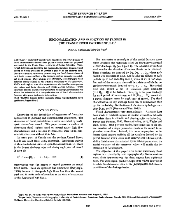 (PDF) Regionalization and Prediction of Floods in the Fraser River ...