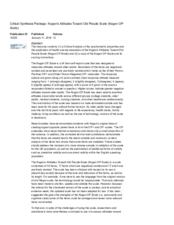 (PDF) Critical Synthesis Package Kogan's Attitudes Toward Old People