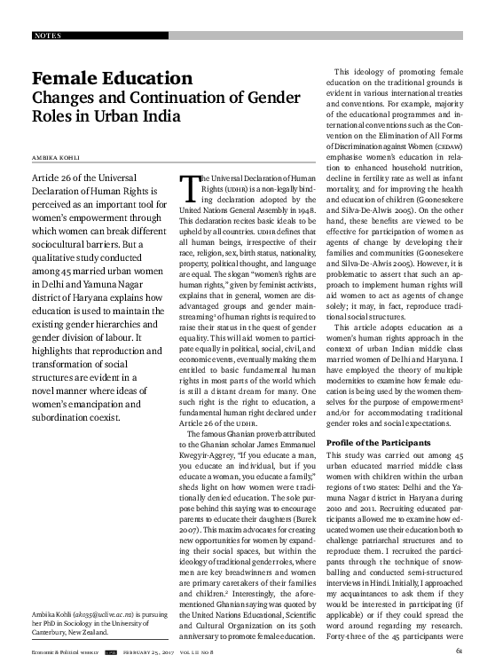 (PDF) Female Education Changes and Continuation of Gender Roles in
