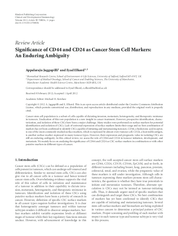 (PDF) Significance of CD44 and CD24 as Cancer Stem Cell Markers: An ...