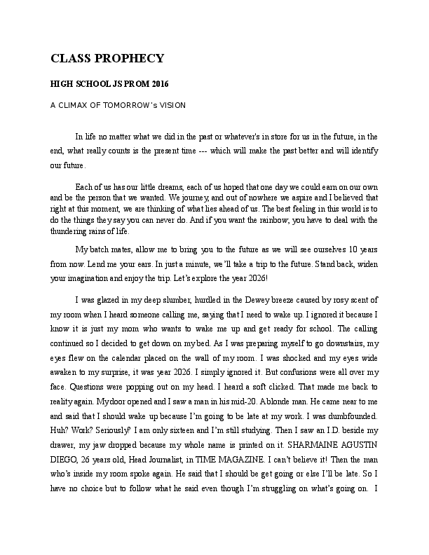 (DOC) CLASS PROPHECY HIGH SCHOOL JS PROM 2016 A CLIMAX OF TOMORROW's