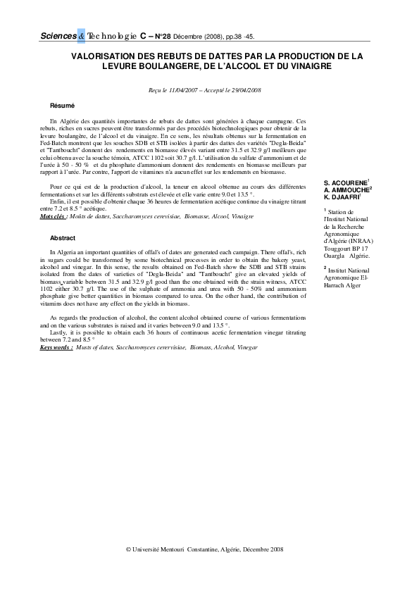 (PDF) VALORISATION DES REBUTS DE DATTES PAR LA PRODUCTION DE LA LEVURE