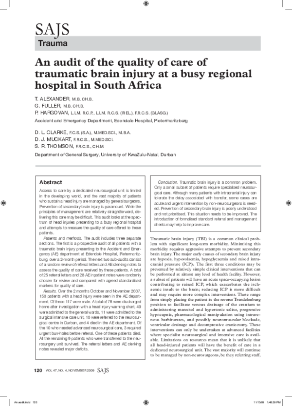 (PDF) An audit of the quality of care of traumatic brain injury at a ...