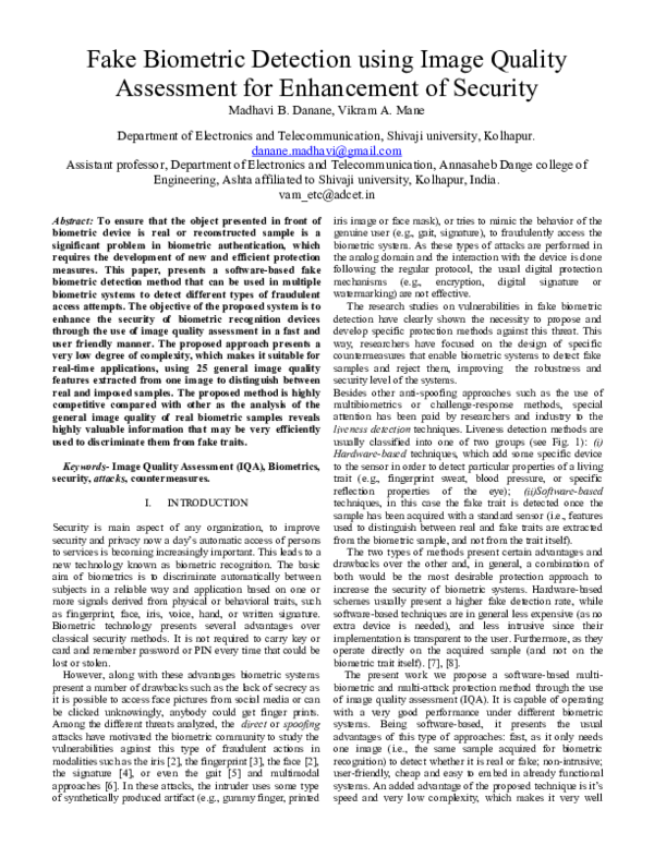 (PDF) Fake Biometric Detection using Image Quality Assessment for ...