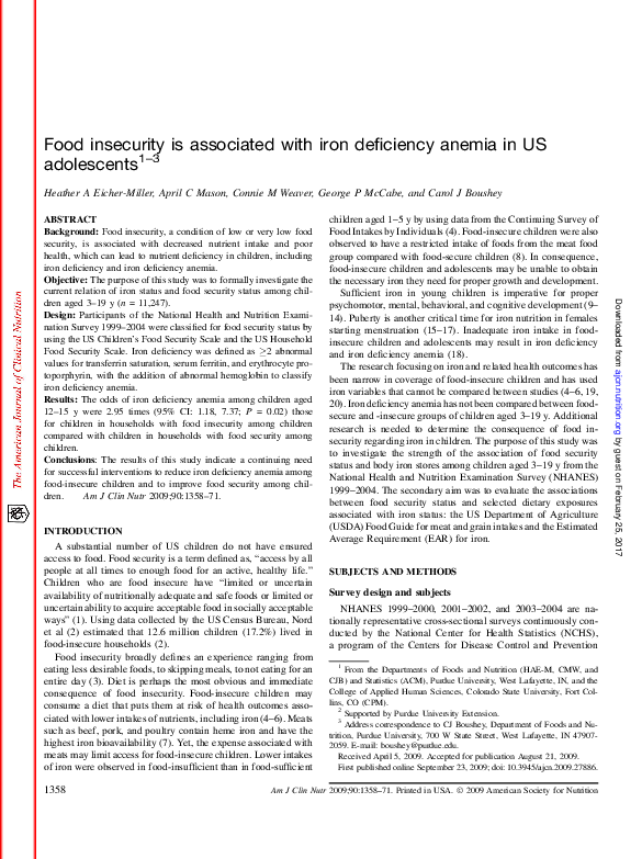 (PDF) Food insecurity is associated with iron deficiency anemia in US