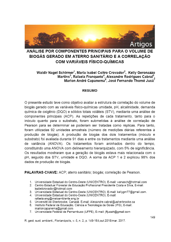 First page of “ANÁLISE POR COMPONENTES PRINCIPAIS PARA O VOLUME DEBIOGÁS GERADO EM ATERRO SANITÁRIO E A CORRELAÇÃOCOM VARIÁVEIS FÍSICO-QUÍMICAS”