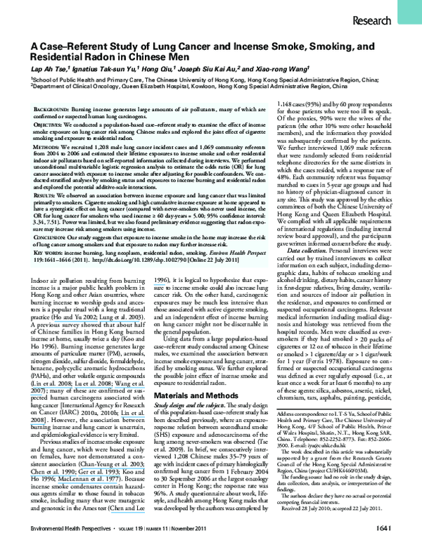 (PDF) A CaseReferent Study of Lung Cancer and Incense Smoke, Smoking