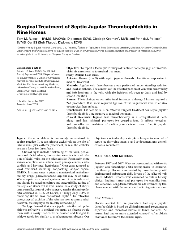 (PDF) Surgical Treatment of Septic Jugular Thrombophlebitis in Nine