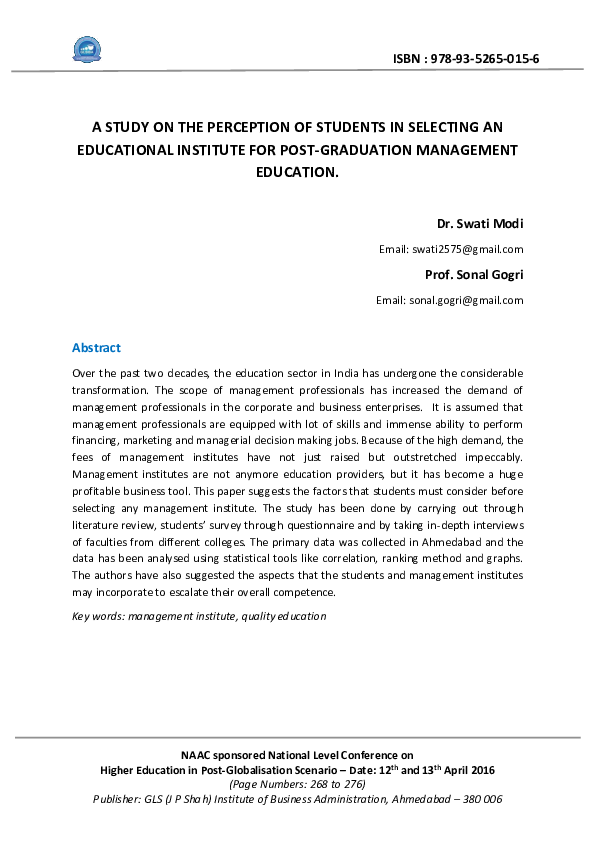 (PDF) A STUDY ON THE PERCEPTION OF STUDENTS IN SELECTING AN EDUCATIONAL ...