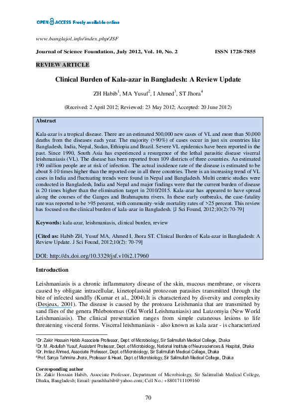 (PDF) Clinical Burden of Kala-azar in Bangladesh: A Review Update