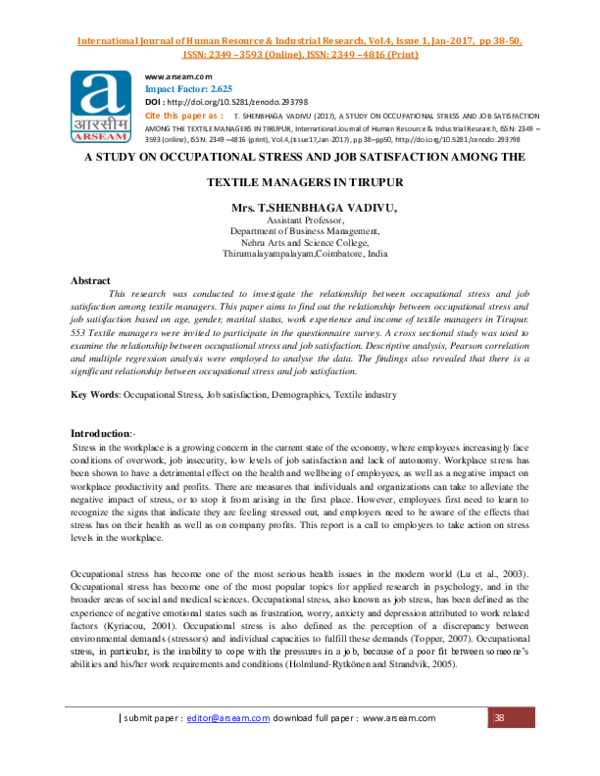 (PDF) Impact Factor: 2.625 A STUDY ON OCCUPATIONAL STRESS AND JOB ...