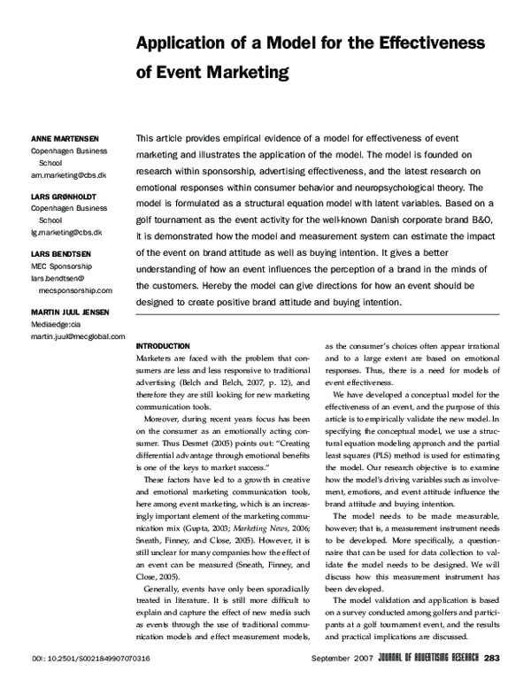 (PDF) Application of a Model for the Effectiveness of Event Marketing