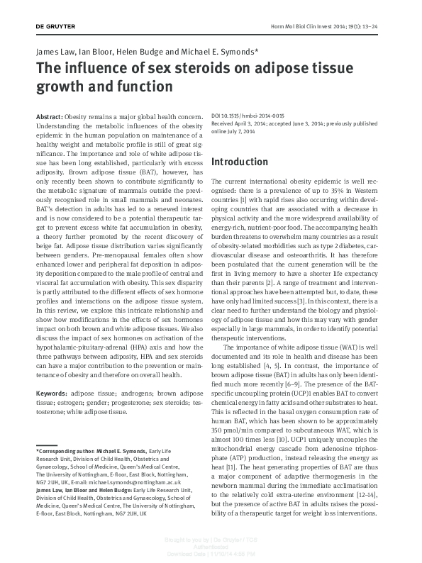 (PDF) The influence of sex steroids on adipose tissue growth and function
